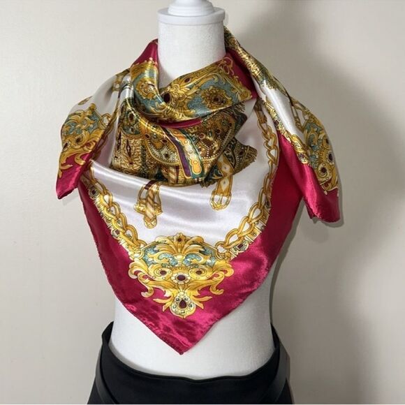 White Fuchsia Gold Teal Purple Satin Equestrian Square Scarf - Picture 1 of 8